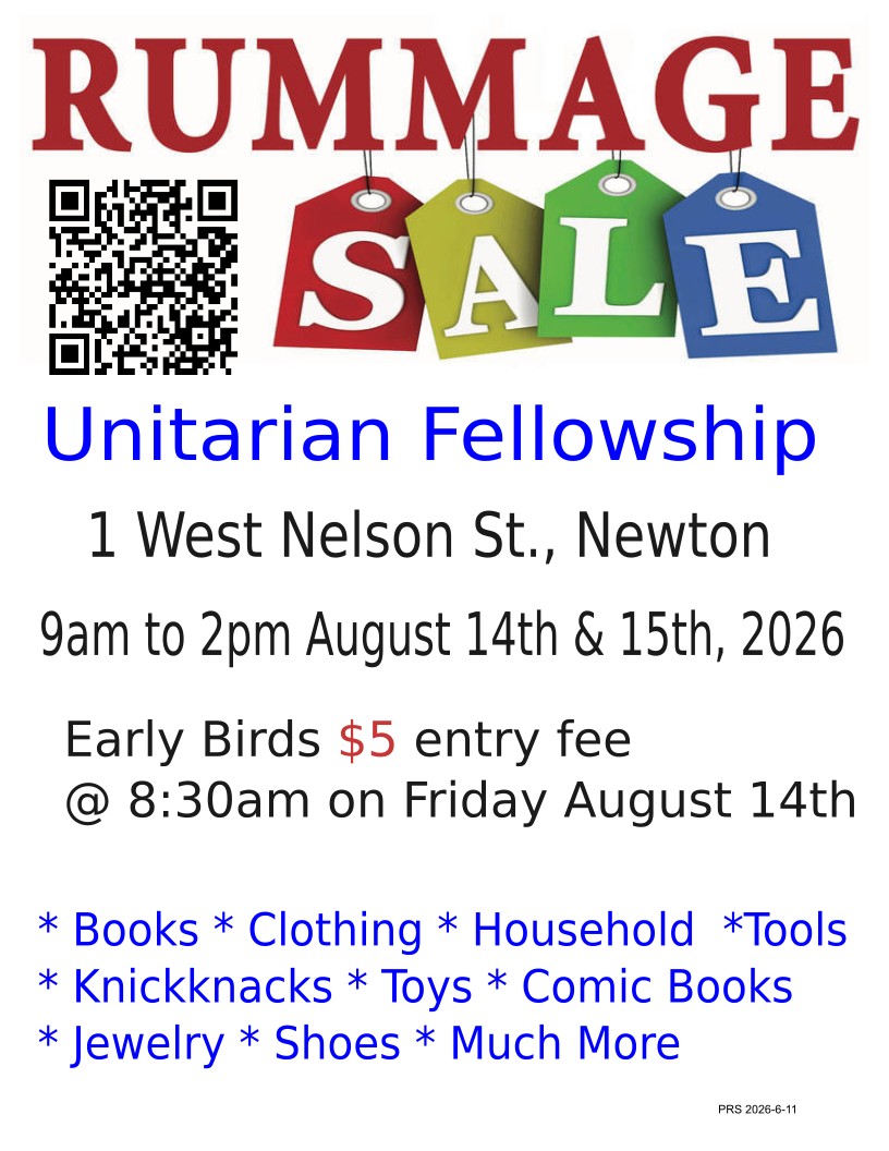 1 West Nelson St., Newton
9am to 2pm August 14th & 15th, 2026
Early Birds $5 entry fee
@ 8:30am on Friday August 14th
* Books * Clothing * Household *Tools
* Knickknacks * Toys * Comic Books
* Jewelry * Shoes * Much More